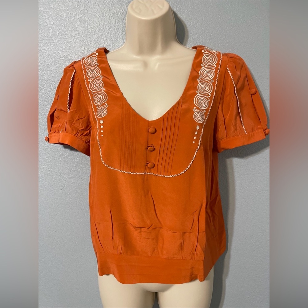 Floreat Anthropologie Top Rust Silk Blouse Cottagecore Puff Sleeve Boho Size 4